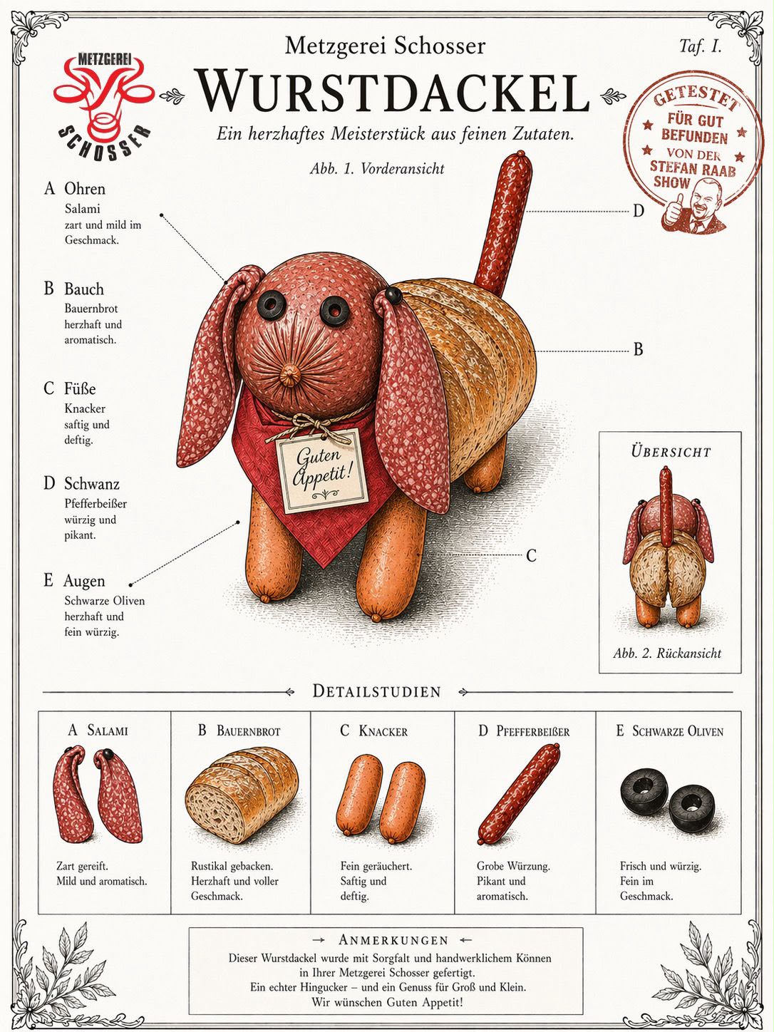 Lehrtafel ‚Wurstdackel‘ – ein Hund aus Salami, Bauernbrot, Knacker und Pfefferbeißer
